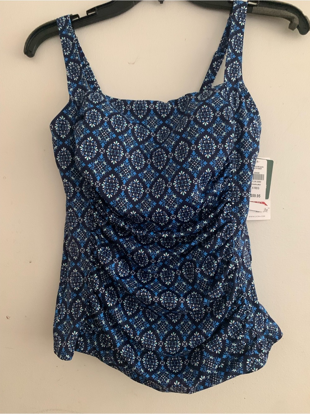 L.L. Bean Navy and Light Blue Patterned Tankini Top